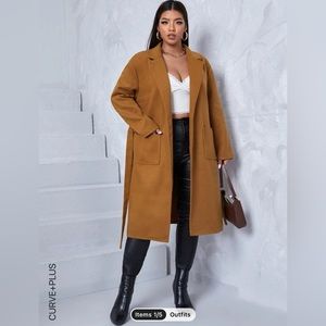 Plus Belted Dual Pocket Lapel Neck Solid Overcoat